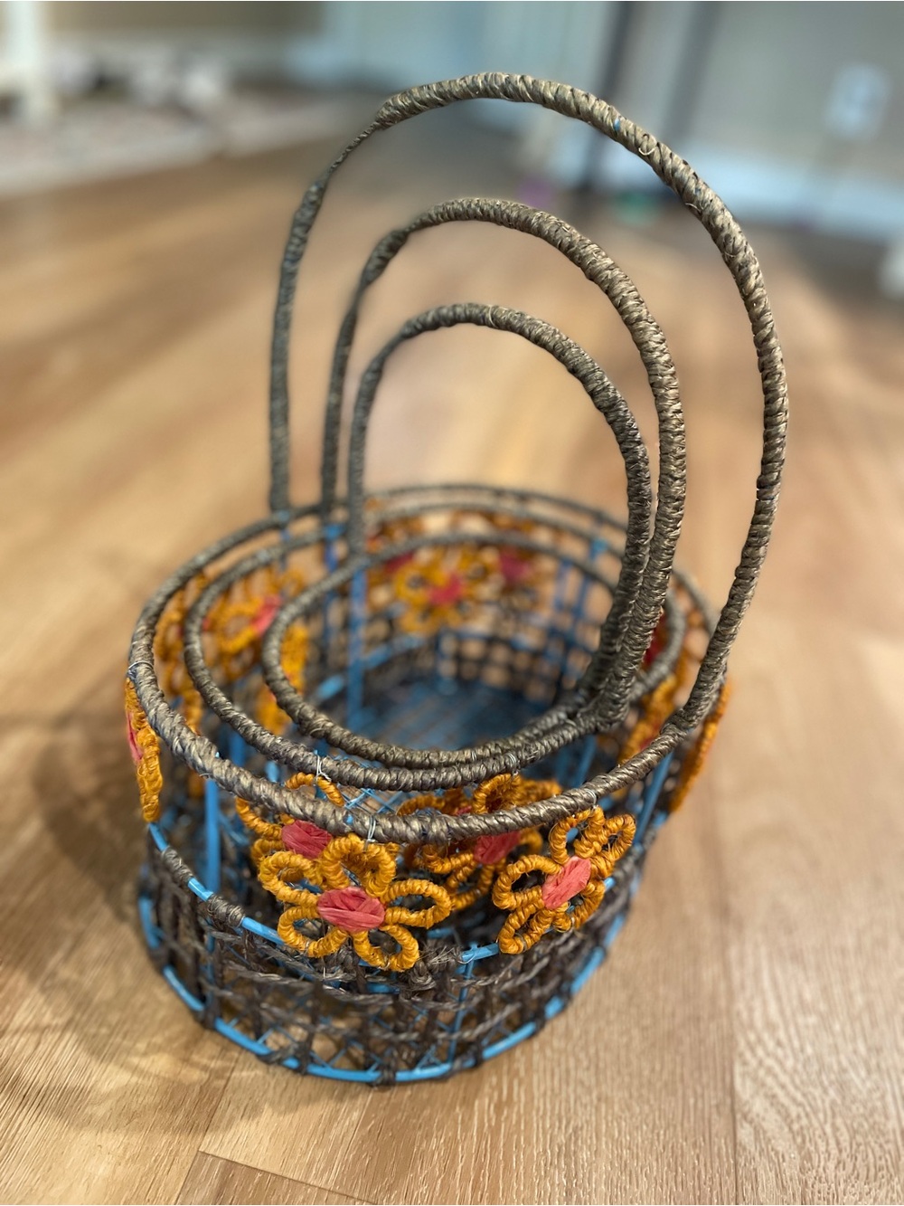 Handwoven Floral Wire Basket Set - Blue and Mustard Anthropology Inspired,